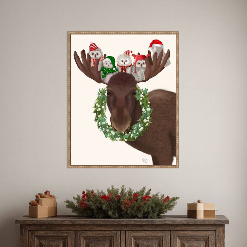 Christmas Moose and Christmas Owls by Fab Funky (23 x 28 in.), Framed Canvas Wall Art Print - Sylvie Beaded Rustic Natural