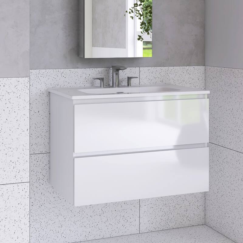 Floating Integrated Bathroom Vanity with Ceramic Sink, Three Faucet Holes