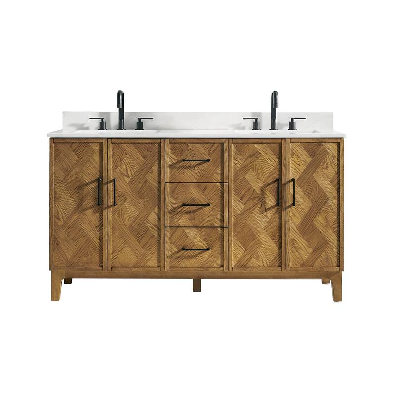 Clara Bathroom Vanity in Weathered Brown with Calacatta Truffle White Quartz Countertop No Mirror