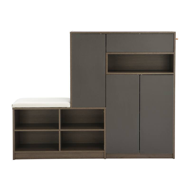 Shoe Storage Bench with Cabinets, Multifunctional Padded Seat Leisure Bench with Adjustable Shelves for Hallway