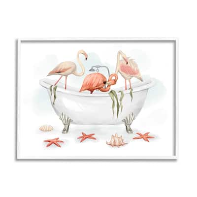 Stupell Flamingo Trio in Nautical Tub Seaside Bathroom Framed Wall Art