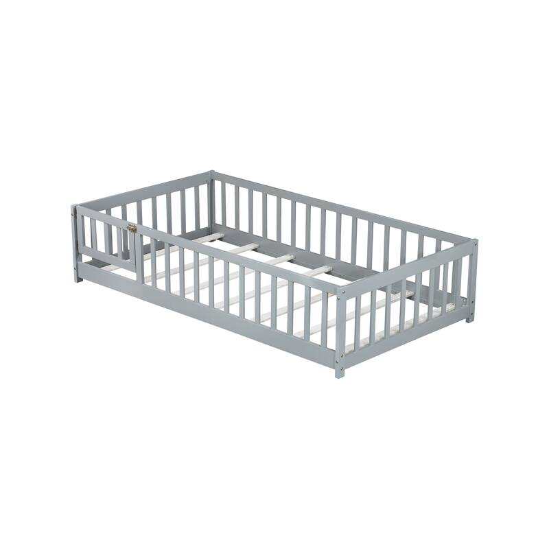 Twin Size Floor Bed with Fence and Door, Rubber Wood Floor Bed with Safety Guardrails