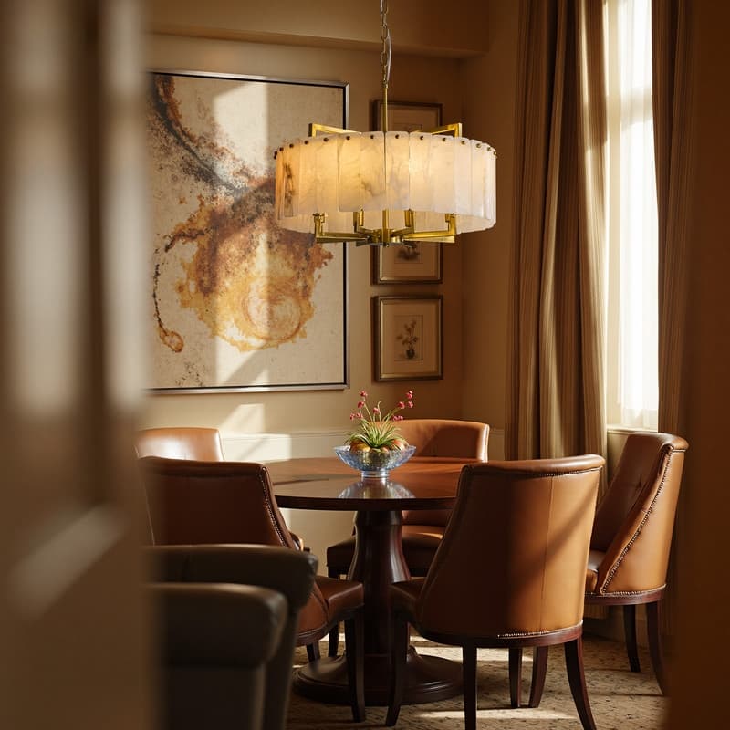 Modern 8-Light Round Gold Brass Chandelier with Marble Alabaster 23.6-Inch Drum Pendant Ceiling Light with Adjustable Chain