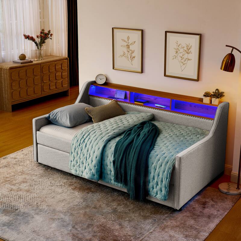 Anmytek Beige Linen Upholstered Twin Sofa Bed with LED Lights and Wireless Charging