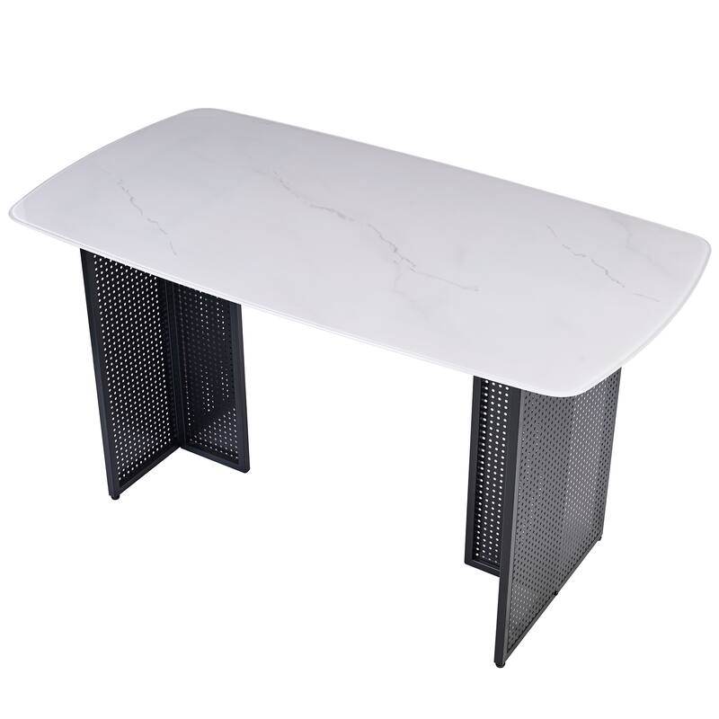 Rectangular Tempered Glass Dining Table for 6, Featuring a Marble-Patterned Design with black Hollow-Out Metal Legs