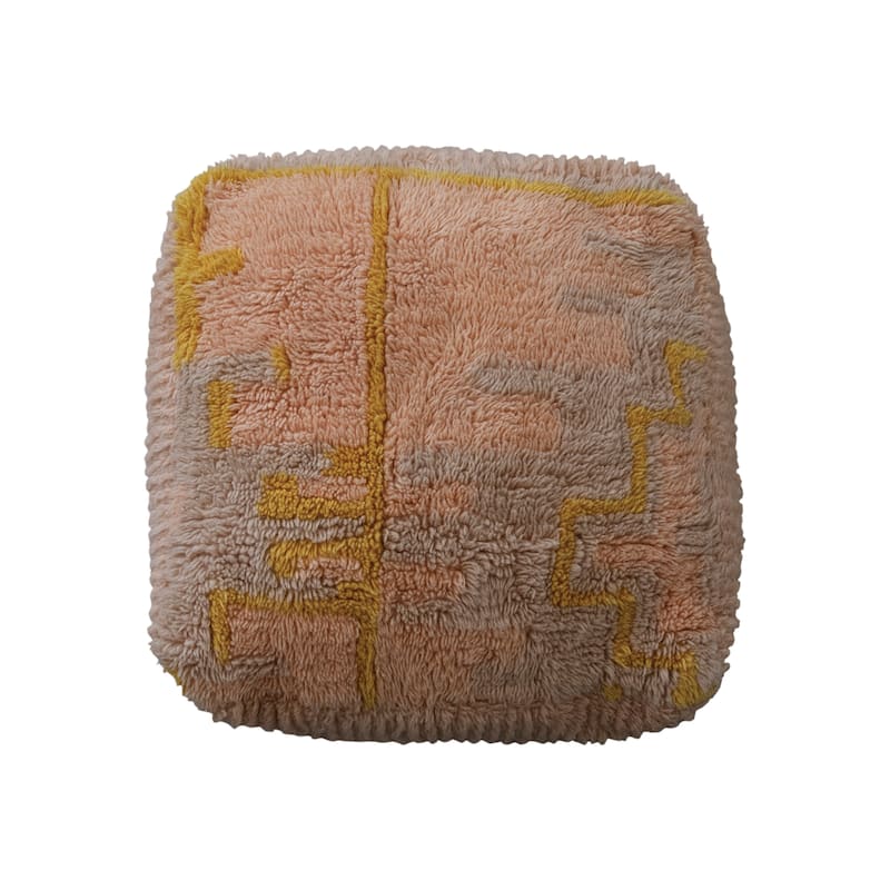 Woven New Zealand Wool Shag Pouf with Design