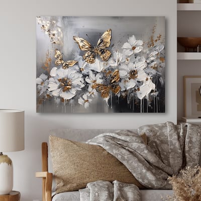 Designart "Golden White Butterfly Wings And Flowers I" Floral Canvas Prints