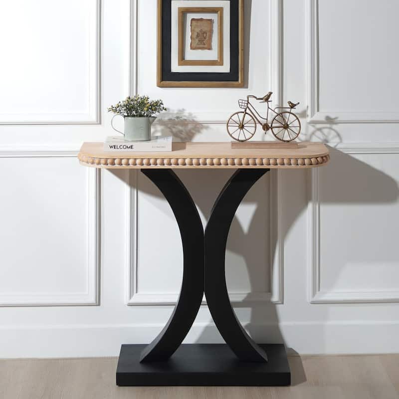Elegant Half-Moon Console Table with Bead Trim, Versatile Wood Entryway Table with Natural Rounded Tabletop and Black Base - Black