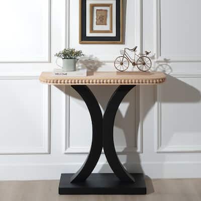 Elegant Half-Moon Console Table with Bead Trim, Versatile Wood Entryway Table with Natural Rounded Tabletop and Black Base