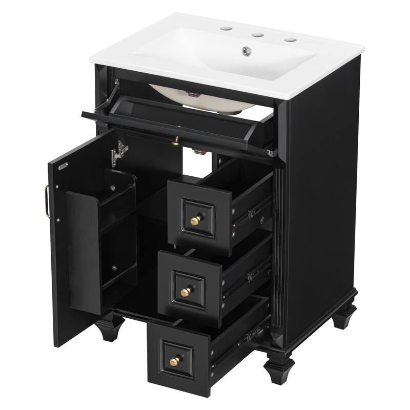 24"Bathroom Vanity with Sink, Freestanding Vanity Cabinet with Flip-Out Drawer, 3 Drawers & Storage Cabinet, Ceramic Sink Top