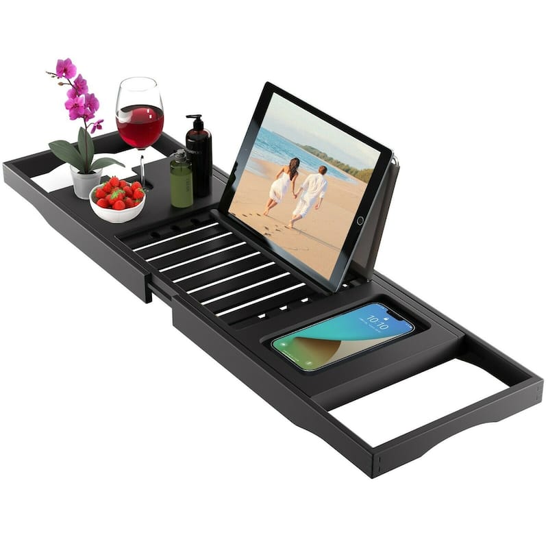 Bambusi Bathtub Caddy Tray with Extending Sides, Reading Stand, Wine Holder and Cellphone Tray - Black