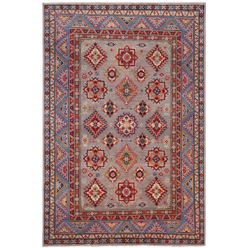 Rustic Kazak Angel Gray/Light Blue Wool Rug - 4'2'' x 6'1''