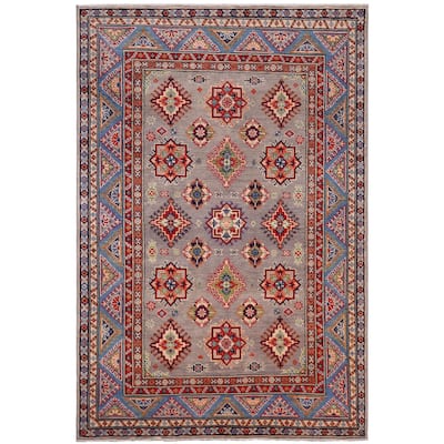 Rustic Kazak Angel Gray/Light Blue Wool Rug - 4'2'' x 6'1''