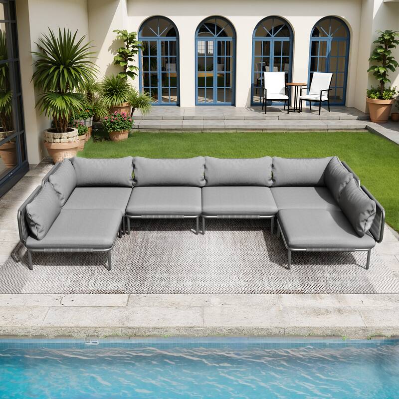 Pellebant Outdoor Sectional Sofa Patio Conversation Seating Set - Set of 6 - Dark Grey - 6PC with 8 Armrest