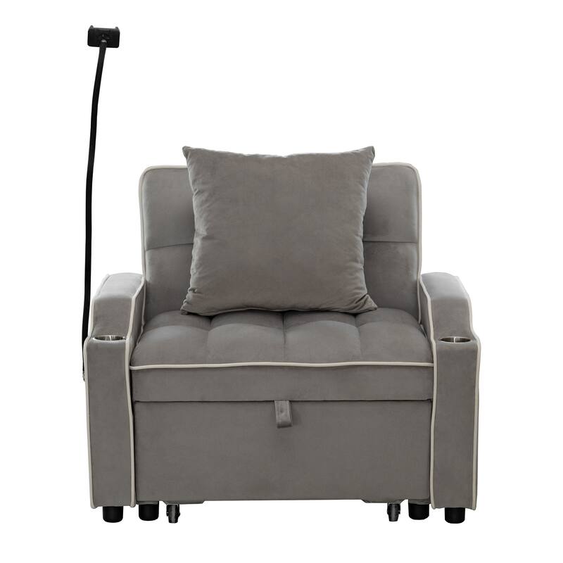 Convertible Single Chair Bed,3 in 1 Velvet Futon Sleeper Sofa Bed with Phone Holder & USB Ports,Pull Out Couch Bed