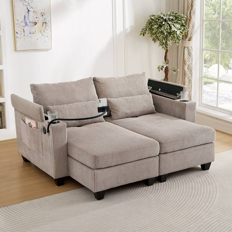Convertible Chaise Lounge 63" Loveseat Sofa Sofa Bed Corduroy Sleeper Sofa with USB Ports, Two Cup Holders - Brown