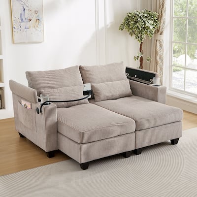 Convertible Chaise Lounge 63" Loveseat Sofa Sofa Bed Corduroy Sleeper Sofa with USB Ports, Two Cup Holders