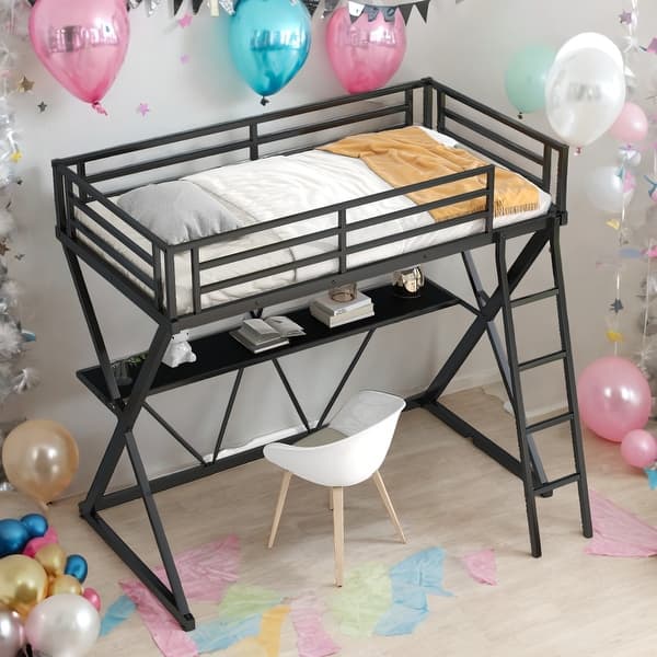 slide 2 of 9, Modern Twin Size Loft Bed With Desk,Ladder And Full-Length Guardrails,X-Shaped Frame for Bedroom Black