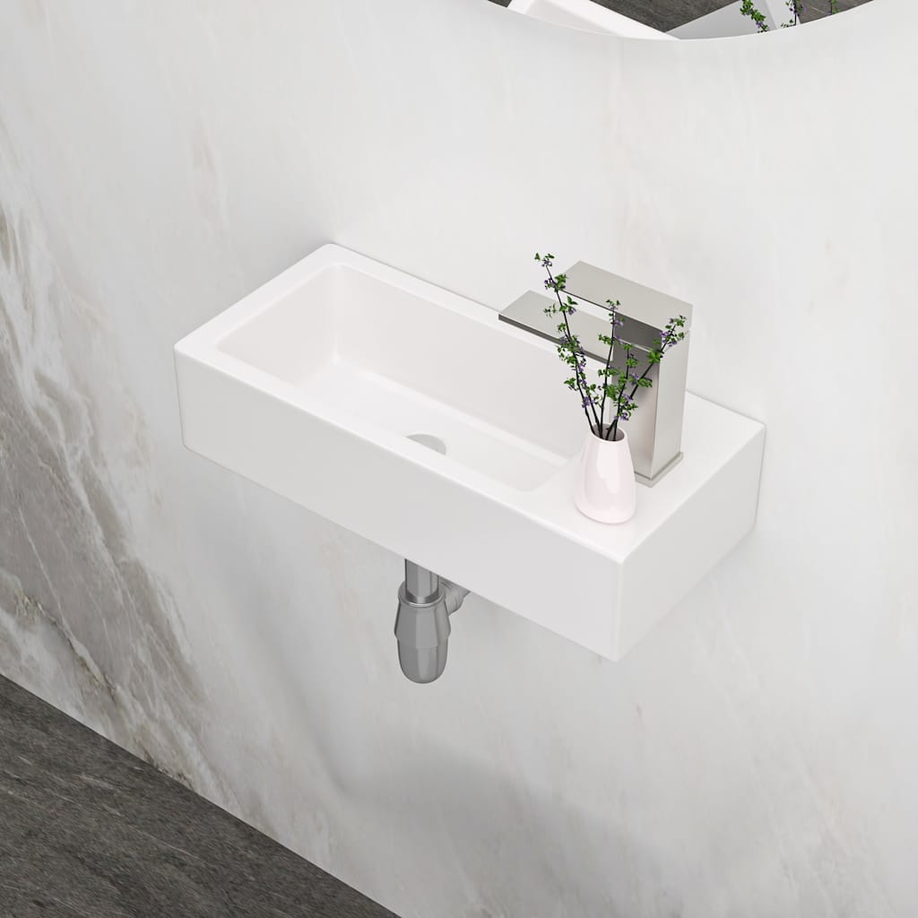 Modern Rectangular Wall Mounted Floating Bathroom Sink, Premium Ceramic with Faucet Hole and Installation Hardware