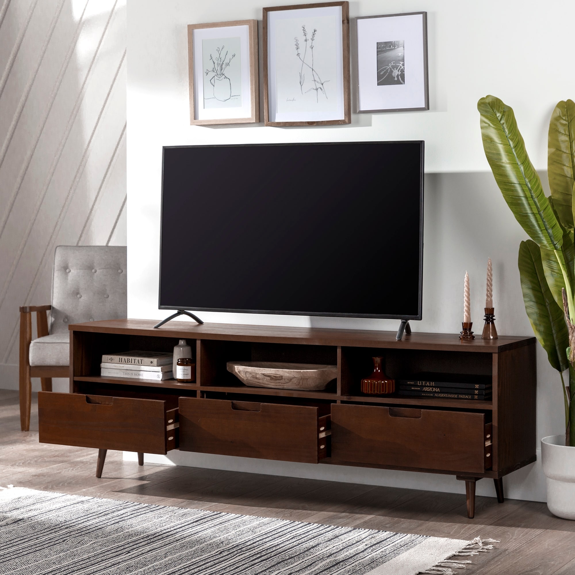 Walker Edison Alby 70-inch Mid-Century Solid Wood TV Stand