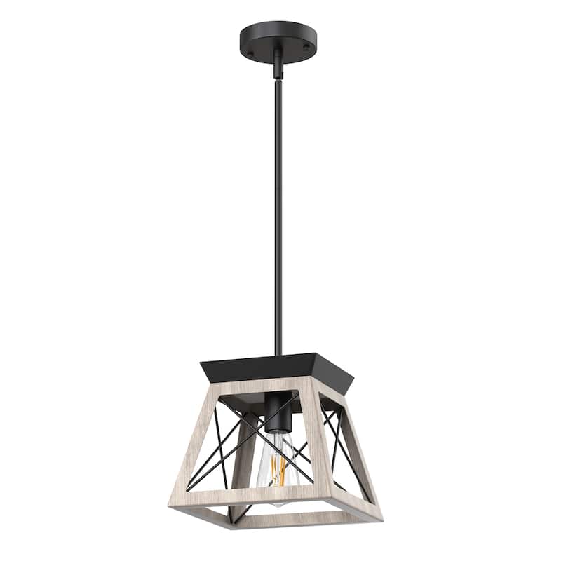 YANSUN Light Wood Industrial Pendant Light with Iron Rods, Adjustable Height