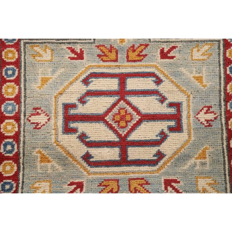 Geometric Kazak Runner Rug Handmade Traditional Blue Wool Carpet - 2'8" x 13'6"
