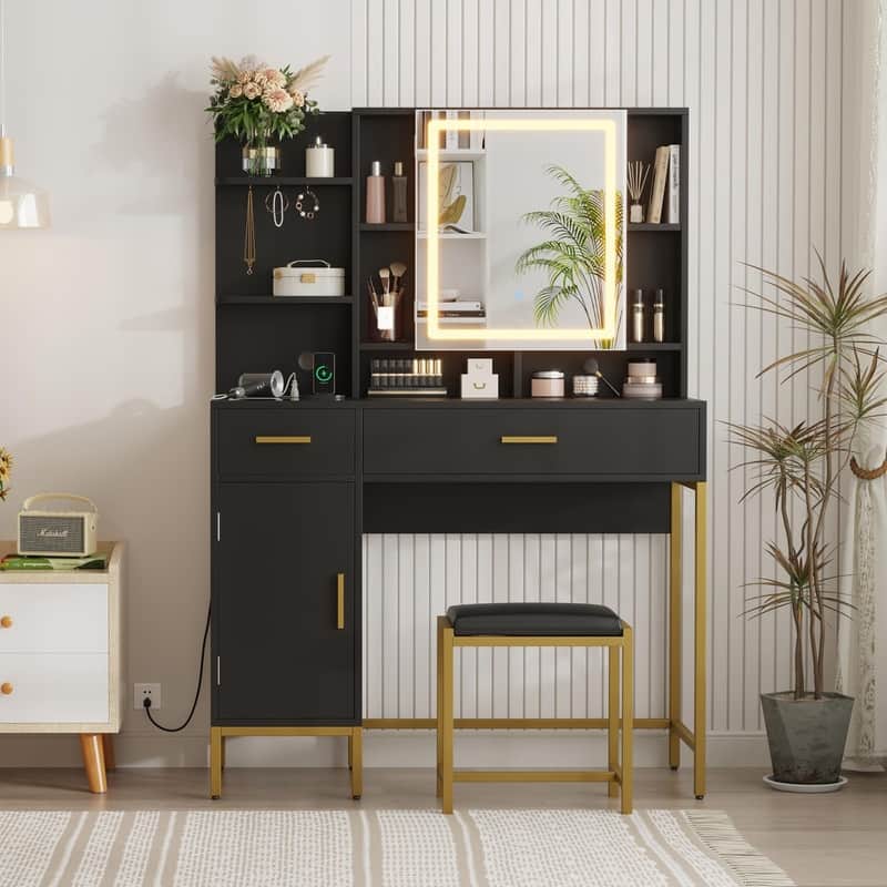 Vanity Table with LED Mirror, Stool, Shelves, Drawers, Cabinets, Charging Station - Black