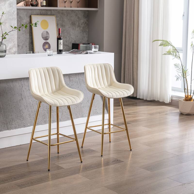 2 Bar Stools with Chrome Footrest Velvet Fabric Counter Stool Golden Leg Simple Bar Stool - N/A
