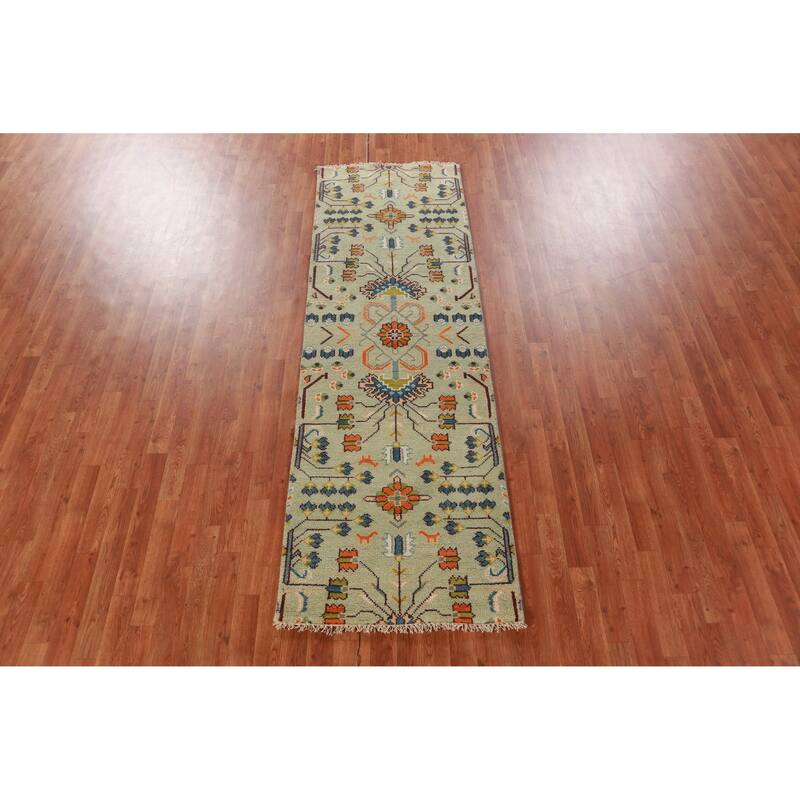 Hand Knotted Oriental 100% Wool Carpet Transitional Tribal Green Oushak Runner Rug - 8' 2'' X 2' 7''