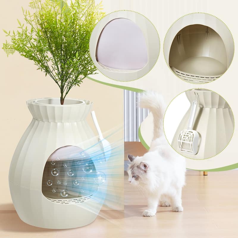 EROMMY Hidden Cat Litter Box Enclosure with Artificial Plants and Plasma Sterilization, Decorative Cat Furniture for Home