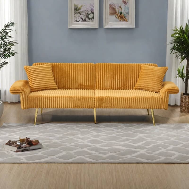 79" Corduroy Foldable Sofa Bed with 3-Position Armrests, High-Resilience Foam, and Metal Legs
