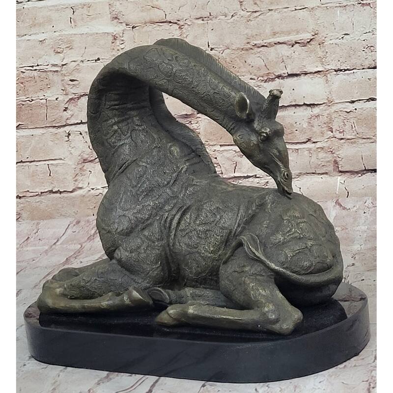 African Graceful Giraffe Sitting Bronze Sculpture Figurine Signed Marble Base