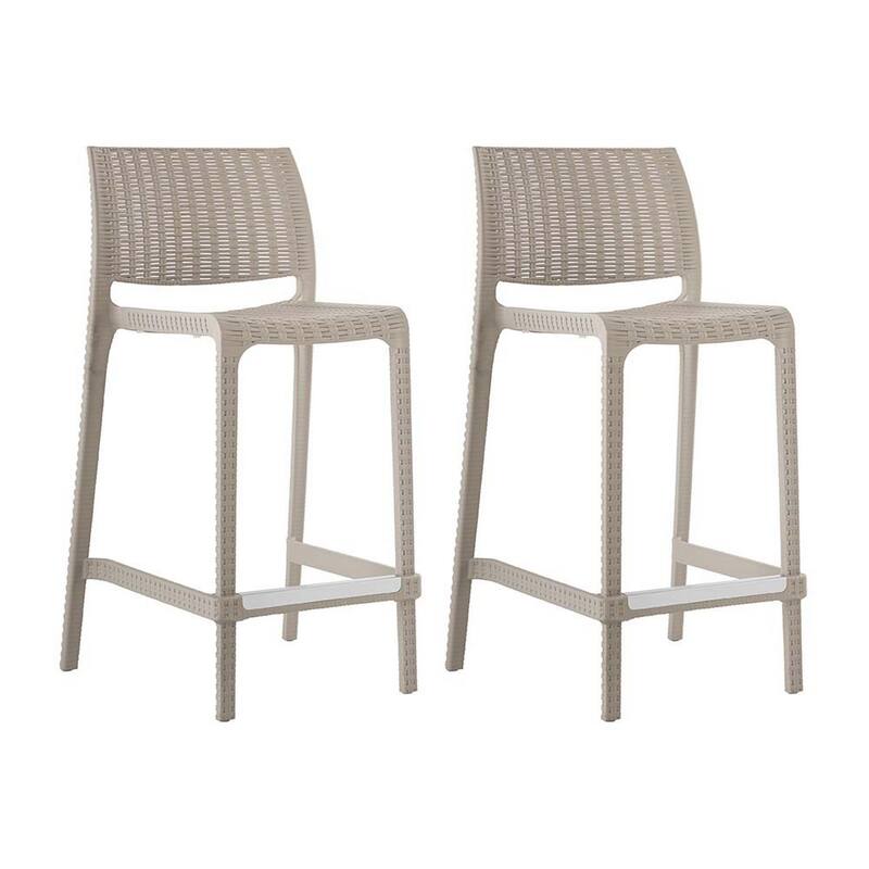 HomeRoots Set of Four 26" Taupe Faux Rattan Heavy Duty Plastic Low Back Outdoor Counter Height Bar Chairs