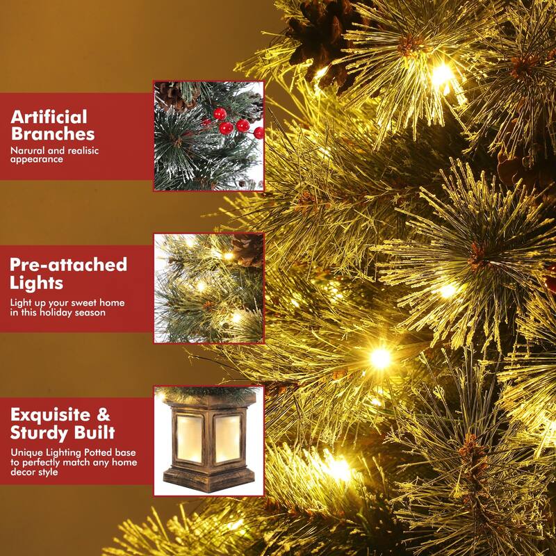 4.5FT Pre-Lit Christmas Tree Holiday Xmas Tree with Lighting Vintage Potted Base