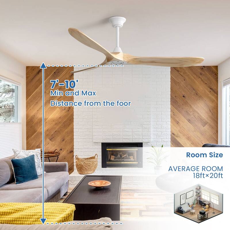 52''/60" Large Ceiling Fan without Lights, Remote Control and Reversible Motor Included, 3 Wood Blades