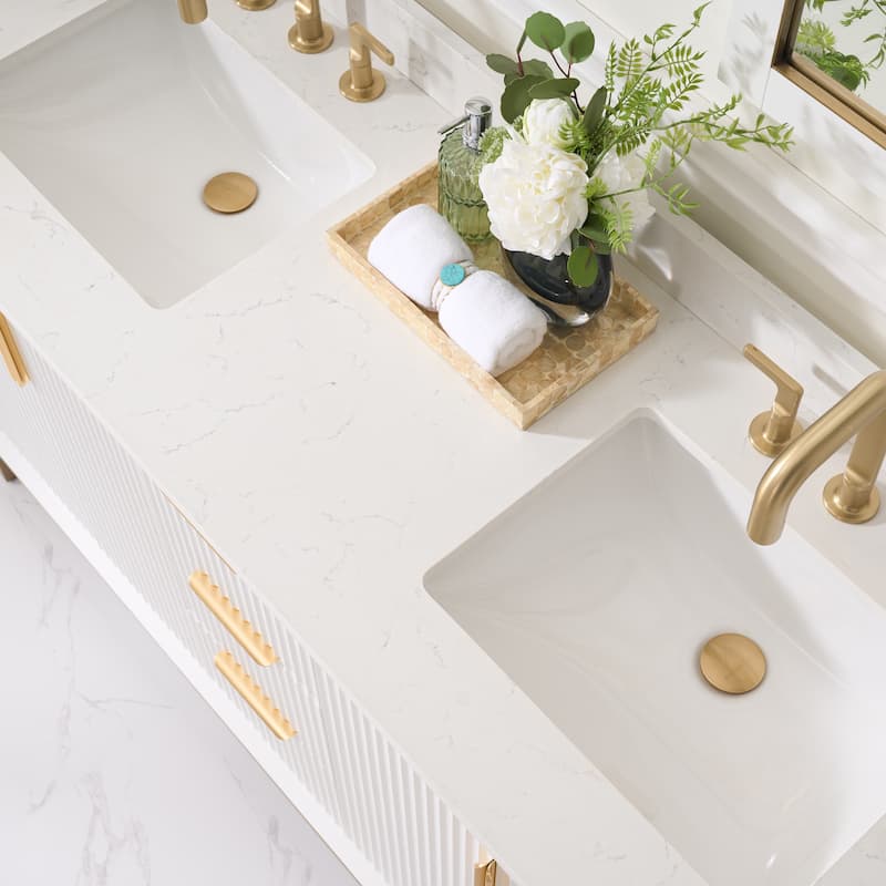35''H Solid Wood Bathroom Vanity With Carrera White Quartz Top and Sink,White