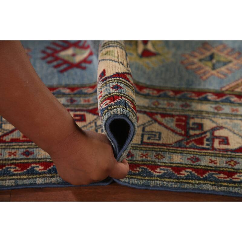 Blue Geometric Kazak Area Rug Handmade Oriental Wool Carpet - 6'0" x 9'8"