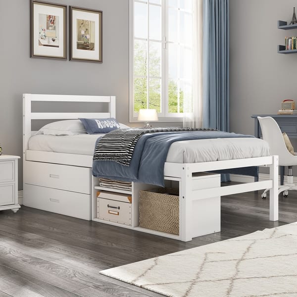 slide 2 of 60, Wooden Platform Bed Frame with Removable Storage Shelves, Built-in Two Storage Drawers and Headboard for Kids, Teens