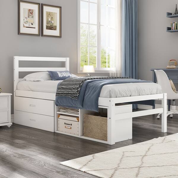 slide 2 of 10, Wooden Twin Size Platform Bed with Storage Shelves and 2 Storage Drawers White