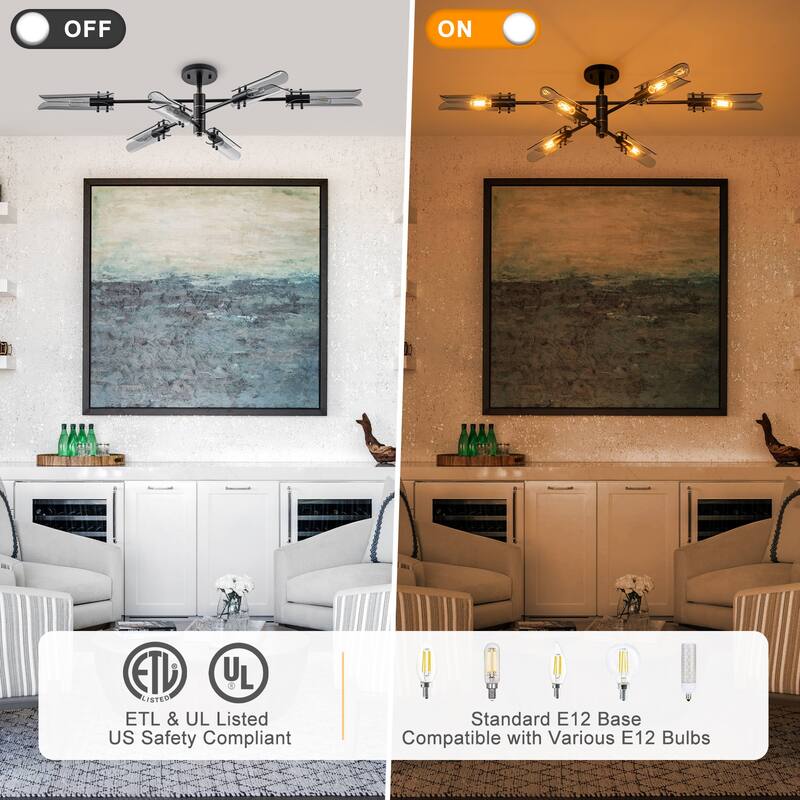 6-Light Modern Branch Chandelier 2-in-1 Curved Smoke Glass Panels - Dia.47.24-in