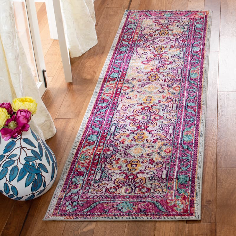 SAFAVIEH Crystal Waldtraud Vintage Boho Oriental Rug - 2'2" x 7' Runner - Light Blue/Fuchsia