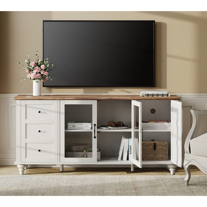 WAMPAT Farmhouse Glass Door TV Stand for up to 110" TVs, Modern Entertainment Center with Storage