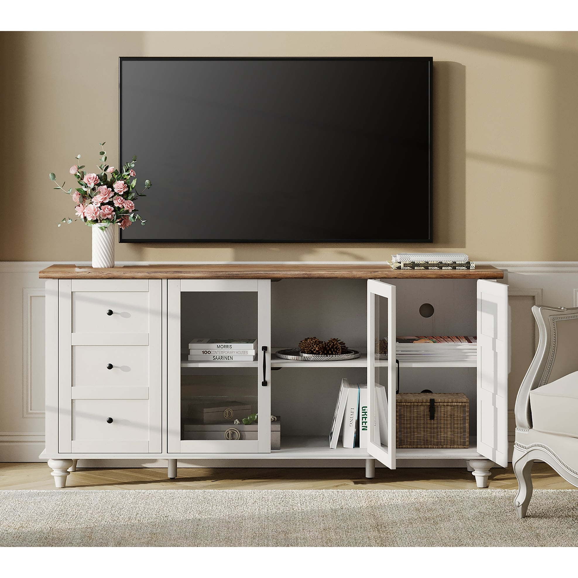 White farmhouse style tv clearance stand