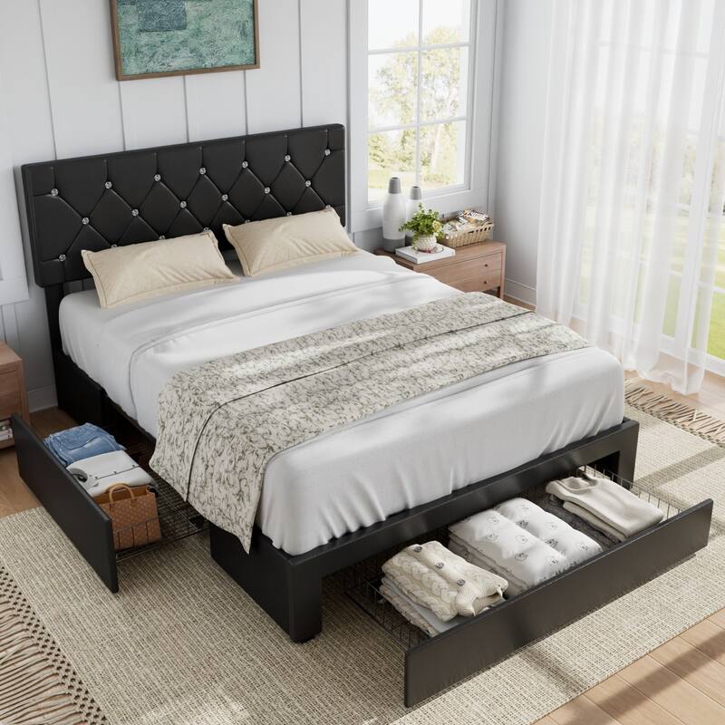 VECELO Bed Frame with Storage Drawers, Leather Upholstered with Diamond Tufted Headboard, Solid Wood Slat Support