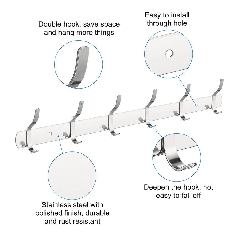 Coat Hook Rack Wall Mounted with 6 Hooks Hook Rail Wall Hangers Silver