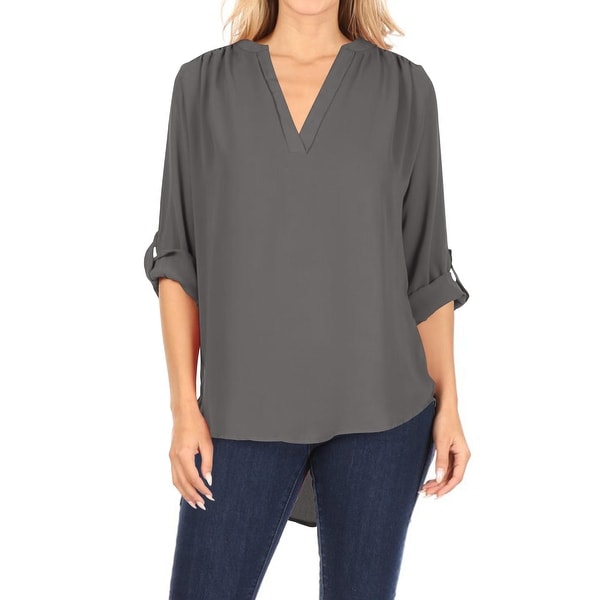 Casual V-Neck Woven Roll Up Sleeve Lightweight Blouse Top. Opens flyout.
