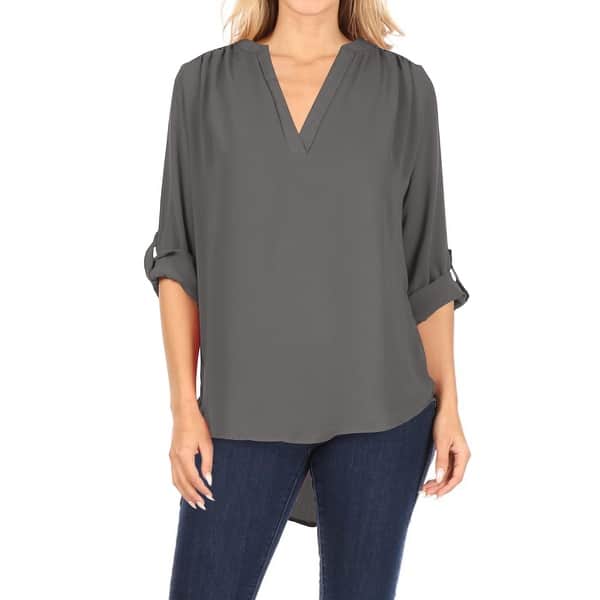slide 1 of 12, Casual V-Neck Woven Roll Up Sleeve Lightweight Blouse Top