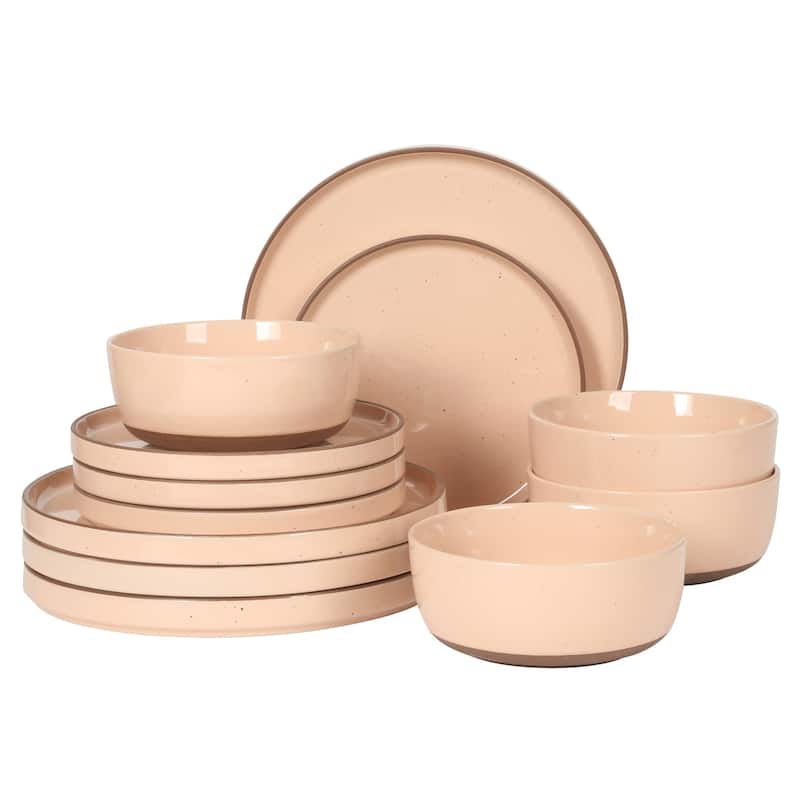 Gibson Elite Northrock Stoneware Dinnerware Set, 16-Piece Service for 4 - Plates & Bowls with Hand-Painted Terracotta Base - Pink