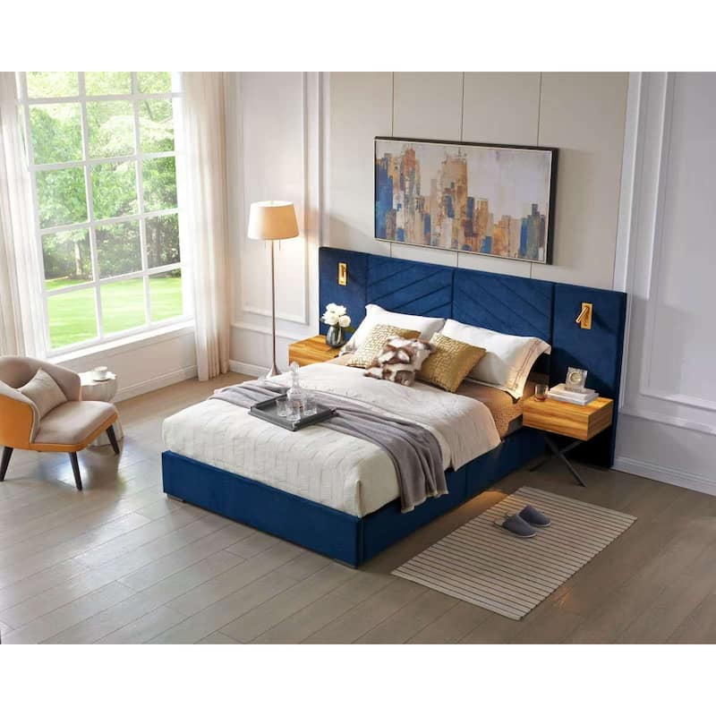 Queen Size Velvet Bed Frame with Tufted Wingback Headboard, LED Lights & Wooden Slats, No Box Spring Needed - Retro Blue
