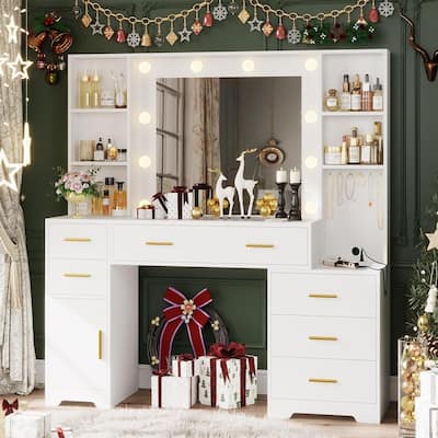 Vanity Desk Mirror Power Outlet 4 Shelves 6 Drawers Glass Tabletop